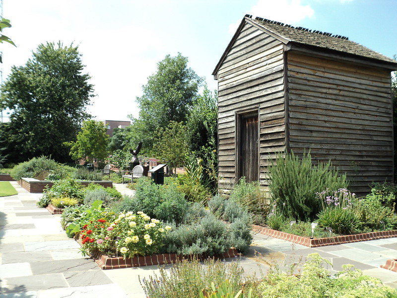 A wooden shack sits in a garden. Concrete paths wind through the garden and small trees are also present. The sky is blue.