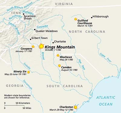 This is an image of a map of key battles in the Southern Campaign of the War of American Independence, 1780-1781.