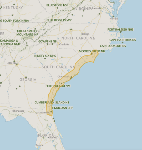 A map depicting the range of the Gullah cultural influence. A shaded area marks the coast and islands between Topsail Island, NC down to Jacksonville, FL. The map is beige and the shading is orange.