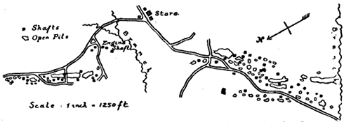 Plan showing outside workings of the Big Ore Bank, Lincoln County, N.C. Image from Google Books.