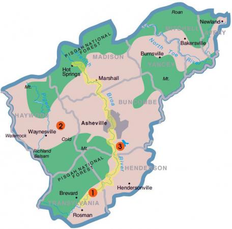 Illustration of the French Broad River corridor in North Carolina. The river is shown in yellow.  From "French Broad River Basin," informational publication, N.C. Office of Environmental Education, 2007.