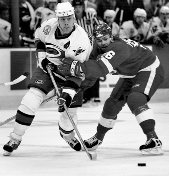 Game four of the Stanley Cup finals between the Carolina Hurricanes and the Detroit Red Wings in Raleigh, 10 June 2002. Photograph by Kevin Seifert. Durham Herald-Sun.