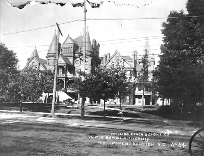 Baptist University for Women (Meredith College), downtown Raleigh, NC, 1909. From Carolina Power and Light (CP&L) Photograph Collection, North Carolina State Archives, call #  PhC68_1_183. 