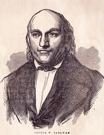 Lossing-Babbit, engraver. "George W. Carawan." Engraving. Trial of the Rev. Geo. W. Carawan, Baptist preacher, for the murder of Clement H. Lassiter, schoolmaster: before the superior court of law of Beaufort County, North Carolina, fall term, 1853. New York: Printed for the proprietor.1854. Frontispiece. Image courtesy the North Carolina Goverment & Heritage Library.