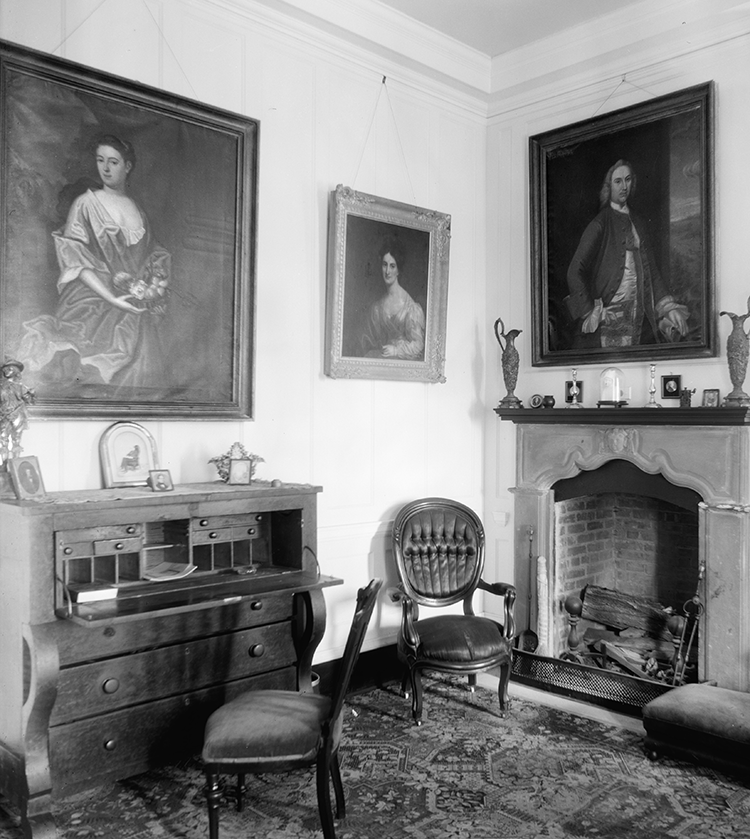 Portraits of Landon Carter (right) and his wife Elizabeth (left) hanging at Sabine Hall in Richmond County, Virginia in a 1932 photograph. Image from the Library of Congress.