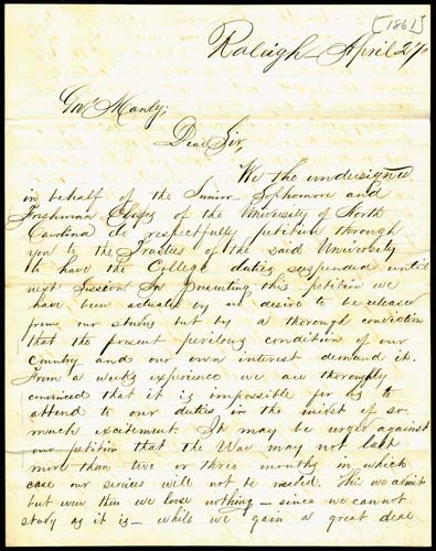 Petition, April 27, [1861] Price, Harry Hill, b. 1842; Peebles, Robert Bruce, 1841-1916; and Avery, Willoughby F., 1843-1876. Courtesy of Documenting the American South, UNC Libraries. 