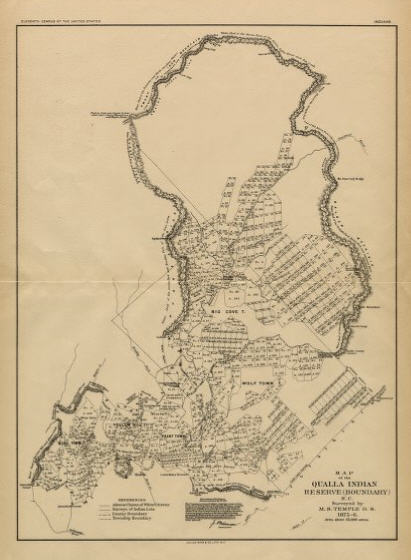 A map showing different land plots in Cherokee towns of Big Cove, Wolf Town, Paint Town, Yellow Hill, and Bird Town.